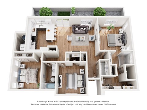 Floor plan for 3 beds, 2 baths, 1225 sqft